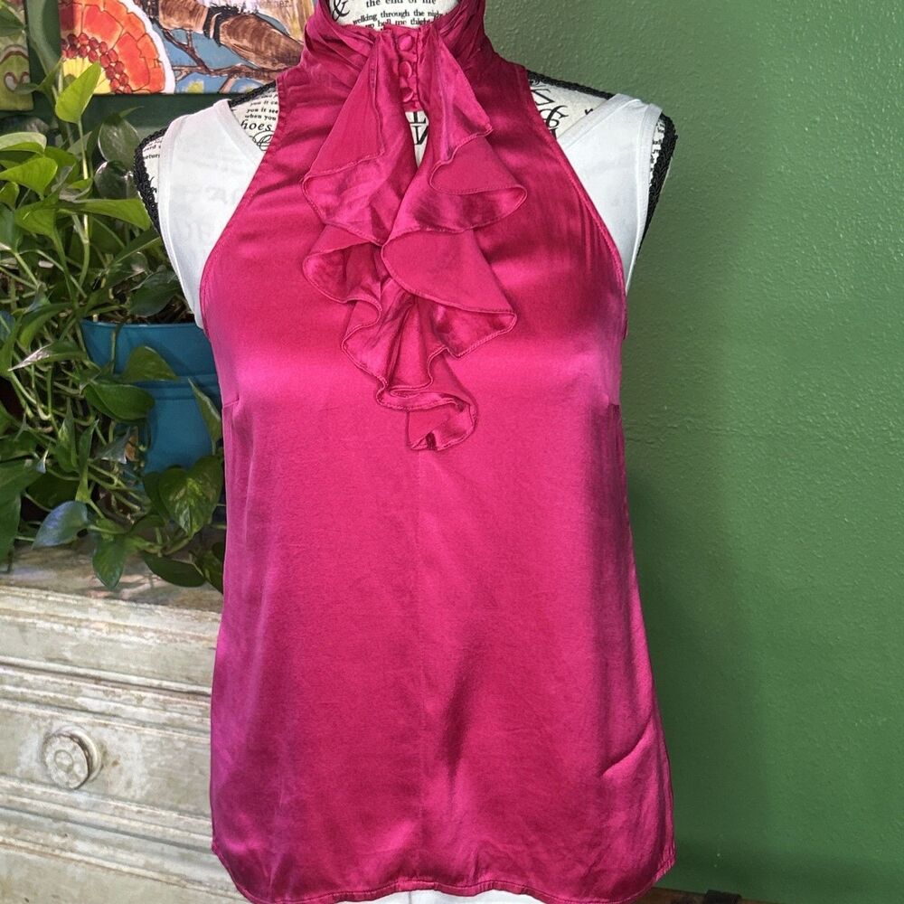 Vtg Express Silk Blend Blouse XS Pink Ruffle Sleeveless Y2K Satin Barbie Baddie